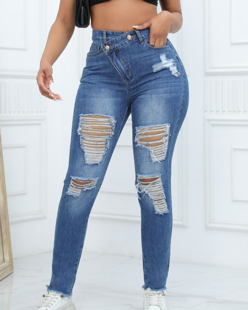 Damen Skinny Jeans mit Hoher Taille und Schräger Schnalle