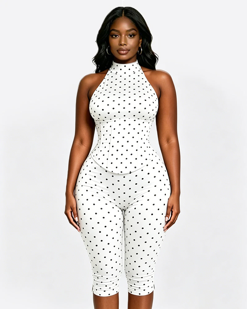 Polka Dot Halter Neck Backless Slim-Fit Stretch Capri Jumpsuit