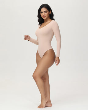 Damen Langen Ärmeln Nahtlos Bodysuit V-Ausschnitt Bauchweg Tanga Shapewear