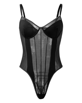 Sexy Mesh Spleiß Durchsichtiger Rückenfreier Korsett Cami Bodysuit