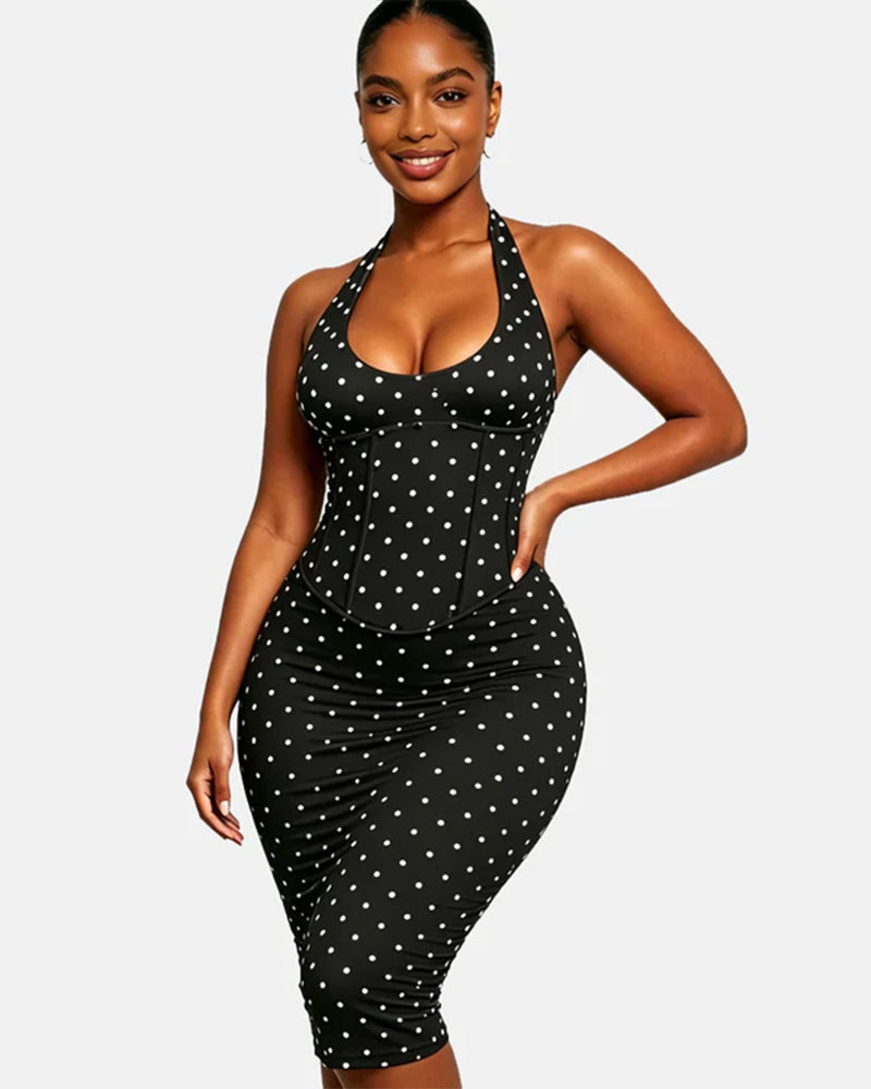 Polka Dot Hourgalss Corset Halter Midi Dress with Lace-Up Back Two-Piece Set