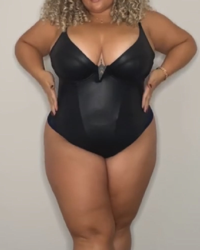 Tiefes V-Ausschnitt Leder Shapewear Tanga Ärmelloses Bauchweg Tanktop Bodysuit