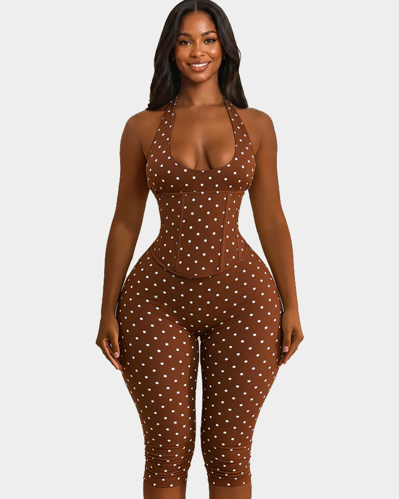 Hourglass Figure Body Shaper Waist Cincher Polka Dot Capri Jumpsuit Two-Piece Set