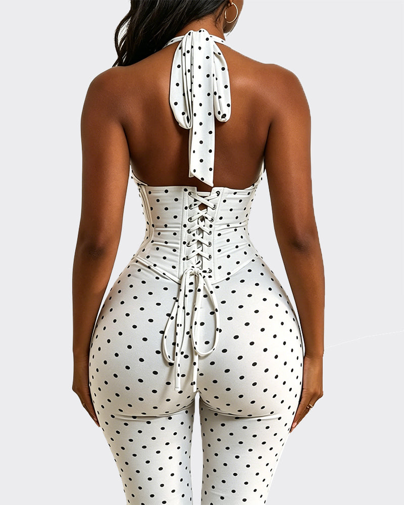 Polka Dot Halter Neck Backless Slim-Fit Stretch Capri Jumpsuit
