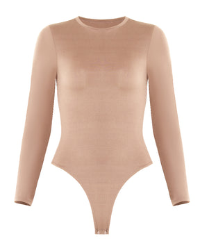 Damen Rundhals Doppellagig Lange Ärmel Basic Dehnbar Tanga Bodysuit