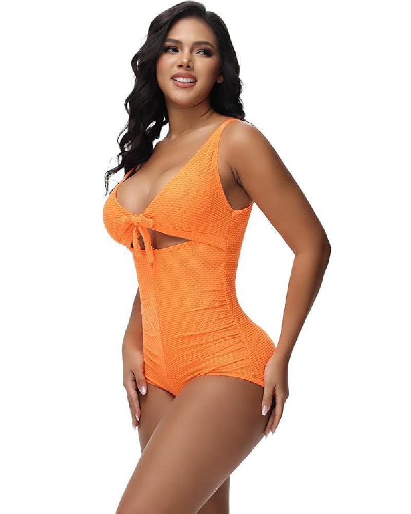 Damen Bauchweg Badeanzug Cut-Out Knoten Vorne Push Up Eingebauter Shapewear Badeanzug