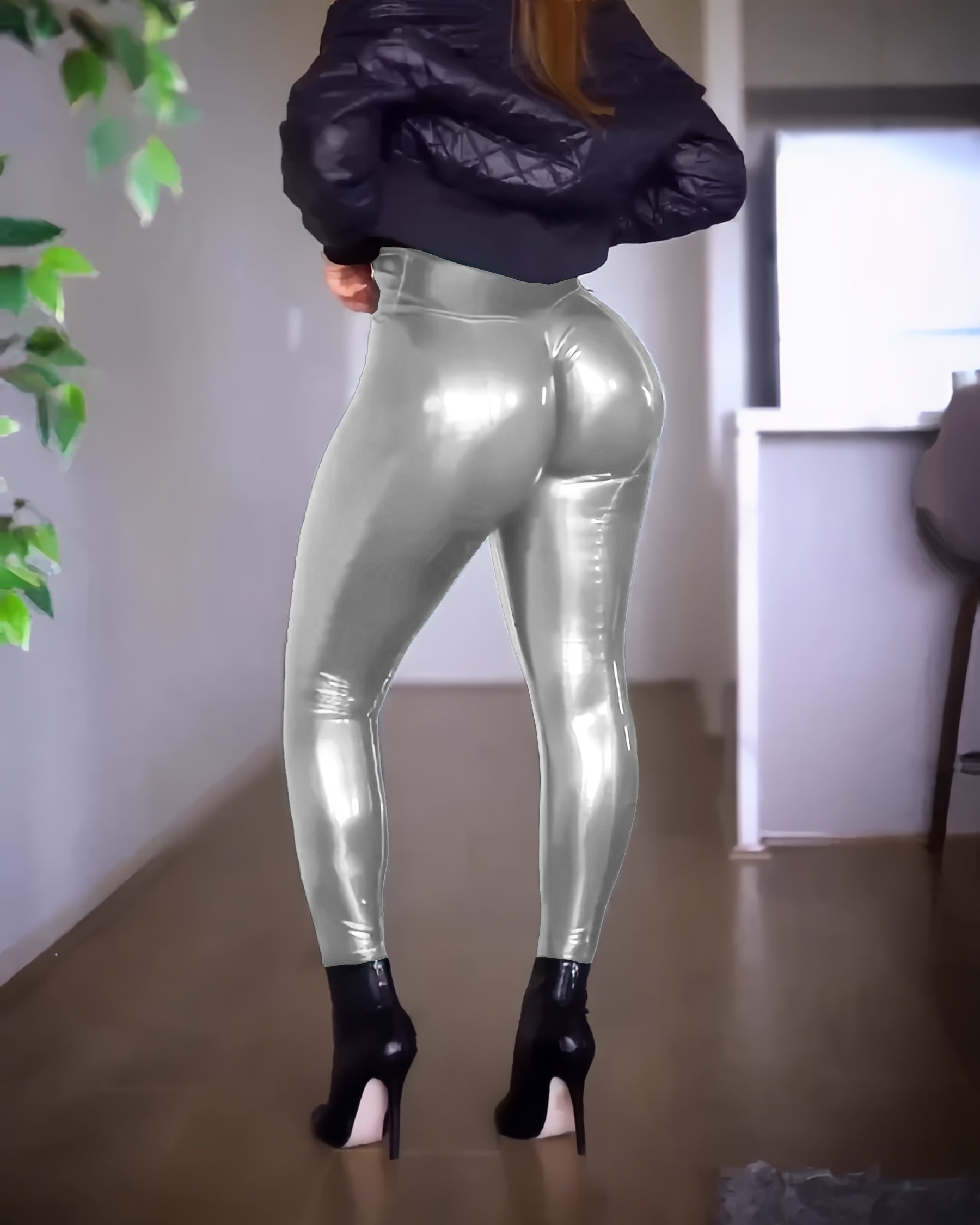 Hoch taillierte Po Lifter Leggings aus glänzendem Kunstleder Leder Hosen