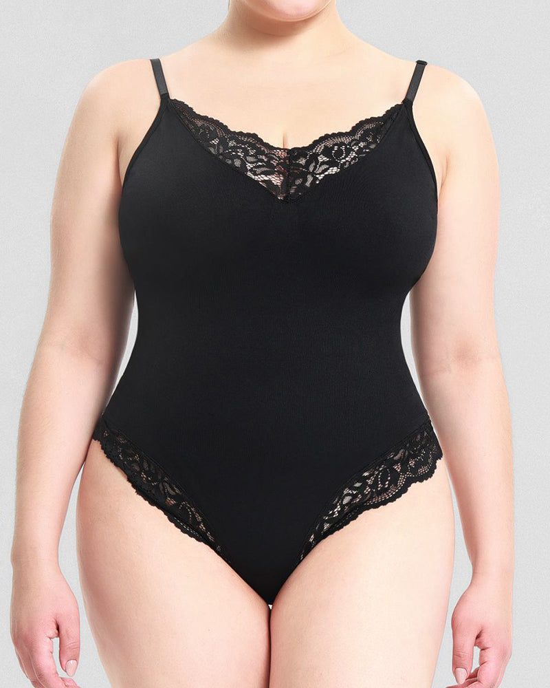 Sexy Spitzen V-Ausschnitt Bauchkontrolle Tanga Bodysuit Shapewear