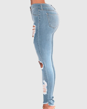 Hüfthebende Jeans mit Hohem Bund und Zerrissenem Stretch-Bein