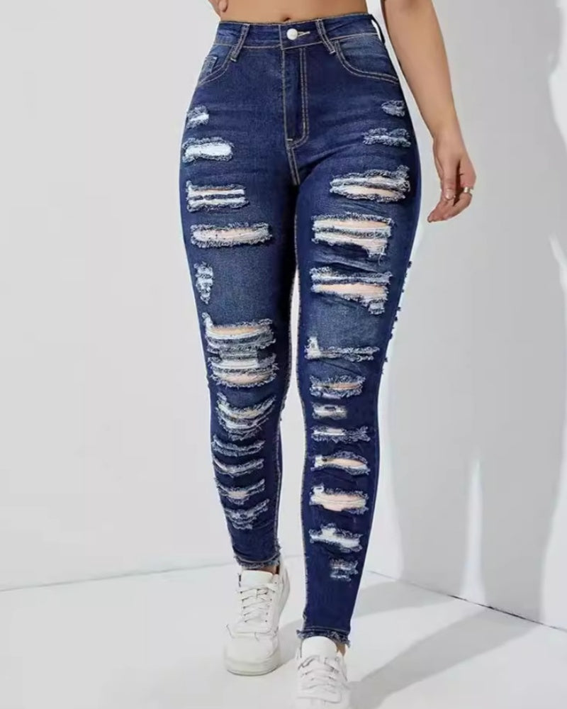 Zerrissene Hochelastische Skinny Jeans mit Raw Edge