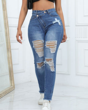 Damen Skinny Jeans mit Hoher Taille und Schräger Schnalle