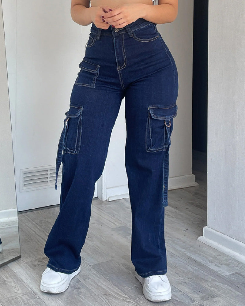 Damen Hohe Taille Cargo Jeans Weitem Bein Lässige Flaschentaschen Hose