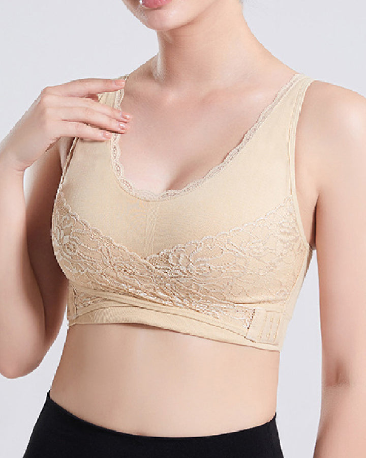Vorne Kreuzen Verstellbarer Seitlicher Schnalle Spitzen BH Bequemer Sport Push-Up BH