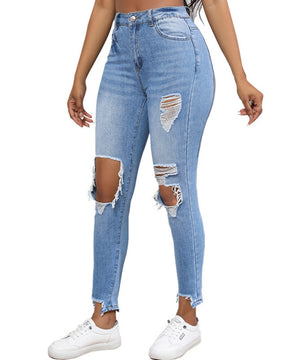 Verwaschene Zerrissene Schmale Hoch Taillierte Elastische Retro-Skinny-Jeans für Damen