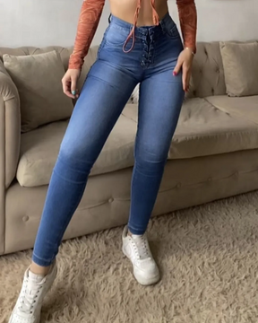 Hoch Taillierte Damen Slim Stretch Jeans mit Schnürung