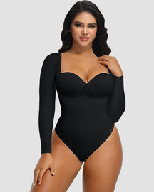 Damen Langarm Bodysuit Rücken Schnürung Bauchkontrolle Nahtloser Tanga Shapewear