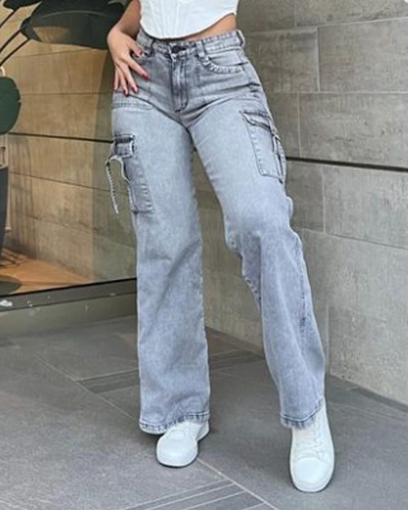 Damen Vintage Cargo Jeans Weites Bein Lässige Hose mit Hoher Taille und Großen Taschen