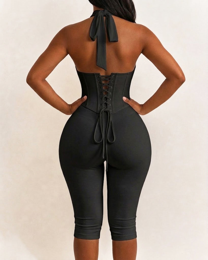 Polka Dot Halter Neck Backless Slim-Fit Stretch Capri Jumpsuit