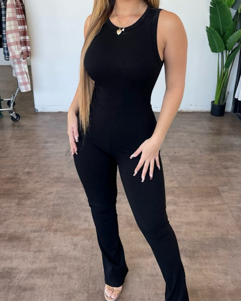 Bequemer ärmelloser Jumpsuit mit Hoher Taille und Ausgestelltem Design