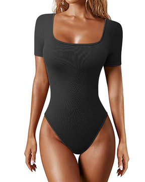 Damen Sexy Gerippter Eckigem Ausschnitt Kurzärmeliger Quadratischer Kragen Tanga Bauchweg Bodysuit