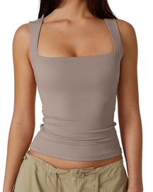 Damen Basic Quadratischem Ausschnitt Ärmellose Tanktops Doppellagig Formende Weste