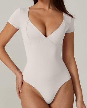 Damen V-Ausschnitt Kurzarm Doppellagige Naht-Cups Oberteil Bodysuit