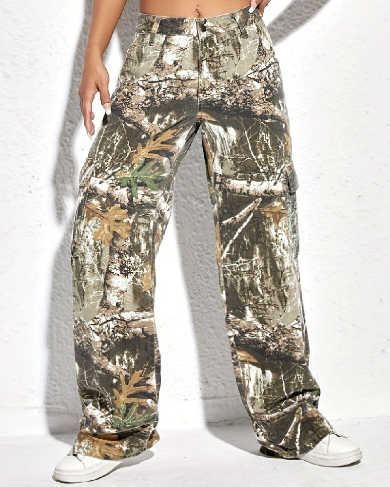 Damen Camo Cargo Hosen Hohe Taille Weites Bein Camouflage-Druck Jeans