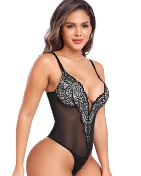 Damen Sexy Transparente Mesh Spitzen Tiefem V-Ausschnitt Bauchkontrolle Tanga Bodysuit