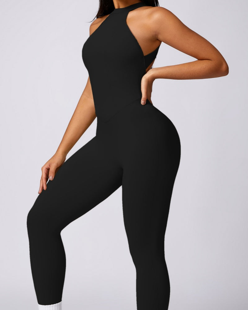 Pfirsichfarbener Hüfthebender und Schöner Schnelltrocknender Yoga Jumpsuit mit Rücken