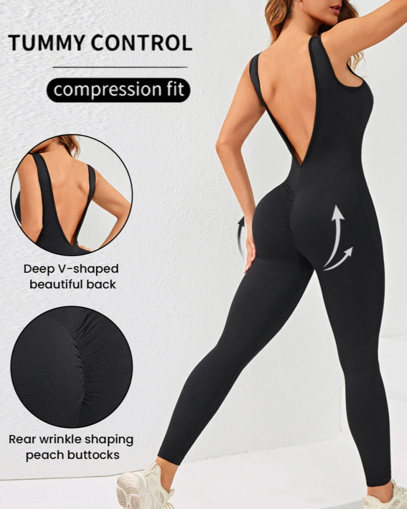 Einteiliger Jumpsuit mit Tiefem V-Ausschnitt Elastische Strumpfhose Schnelltrocknende Yoga-Kleidung