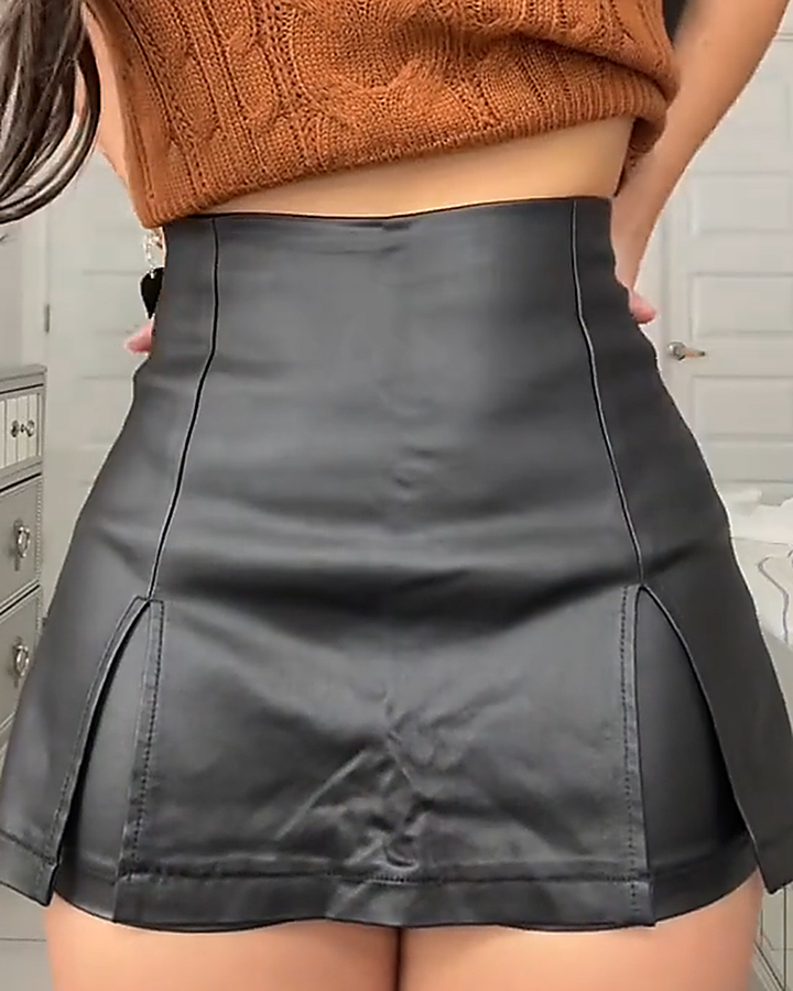 Sexy Lederrockhose mit Schlitz und Hoher Taille zum Schutz vor Entblößung