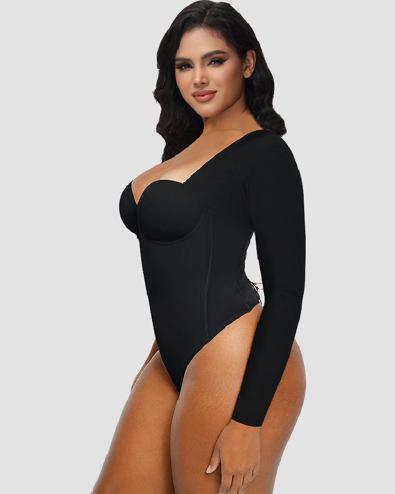 Damen Langarm Bodysuit Rücken Schnürung Bauchkontrolle Nahtloser Tanga Shapewear