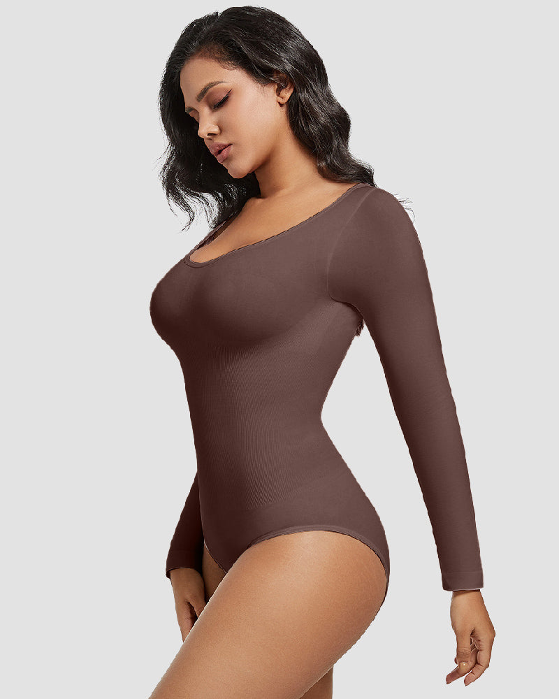 Nahtloser Rundhalsausschnitt Langarm Korsett Bodysuit Tops Stretch Dreieck Body