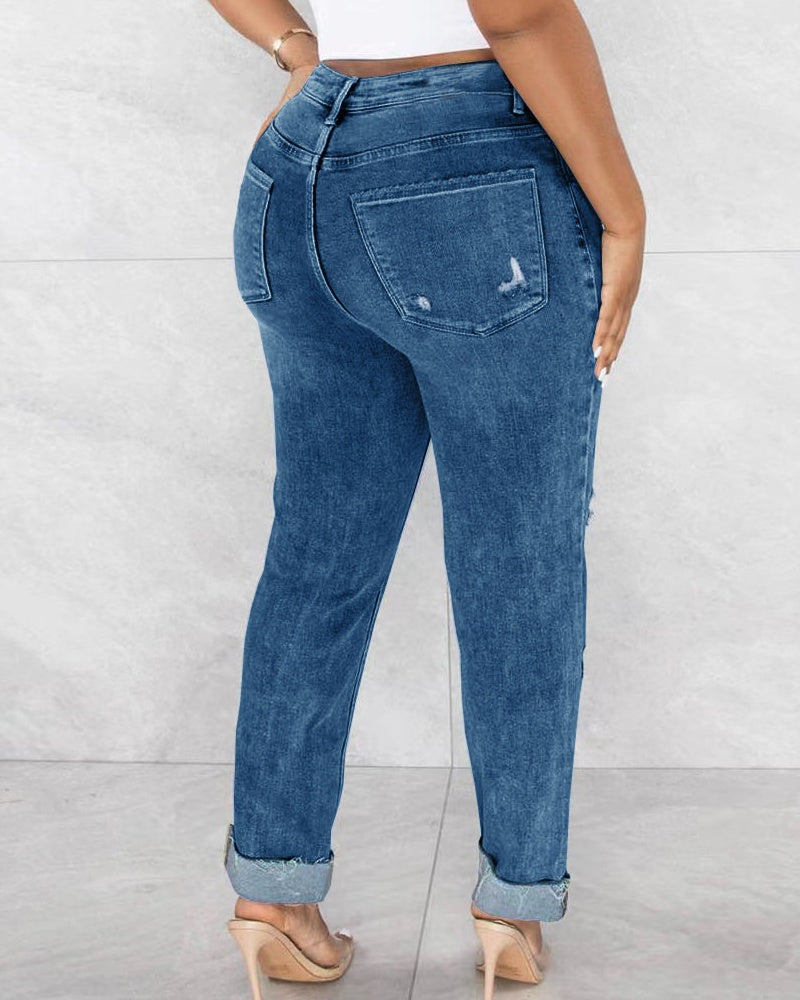 Modische Slim-Fit-Röhrenjeans mit Schrägen Knöpfen und Rissen und Hoher Taille