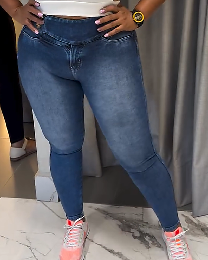 Klassische Hoch Taillierte Skinny Stretch Jeans mit Elastischem Bund und Po Lifting Funktion und Knöpfen (Vorverkauf)