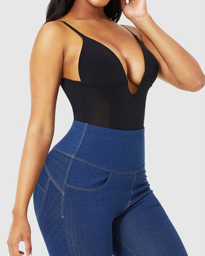 Damen Tiefem V-Ausschnitt Shapewear U-förmigem Rücken Nahtloser Tanga Bodysuit