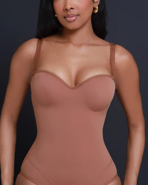 Damen Glatte Bauchkontrolle Körbchen-Brust Tanga Shapewear Bodysuit