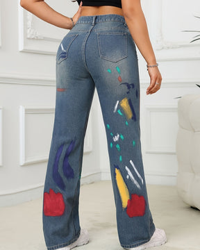 Hip Hop Painted Graffiti Ripped High Waist Straight Simple Vielseitig Jeans