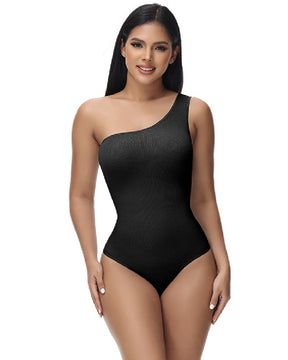 Sexy Geripptes Ein-Schulter Ärmelloses Tanktop Enger Stretch Bodysuit