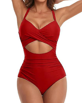 Einteilige Cutout Badeanzug Bauchweg Hoher Taille Bindeband Hinten Bademode