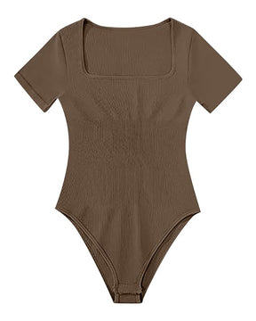 Damen Sexy Gerippter Eckigem Ausschnitt Kurzärmeliger Quadratischer Kragen Tanga Bauchweg Bodysuit