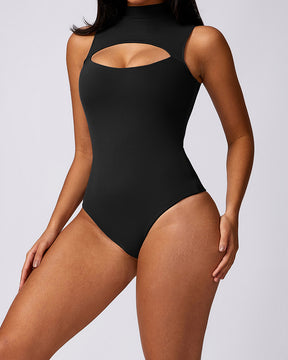 Hochkragen Hohlbrust Tanga Druckknopf Schritt Ärmelloses Glattes Bodysuit Shapewear