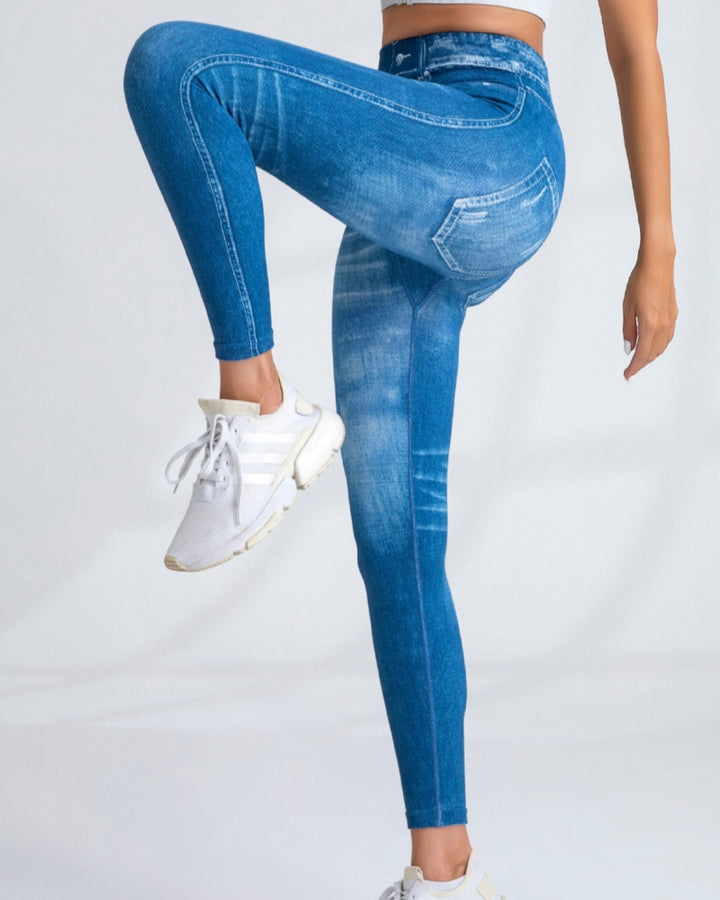 Nahtlose Gedruckt Imitation Denim Yoga Hosen frauen Quick Dry Hohe Elastische