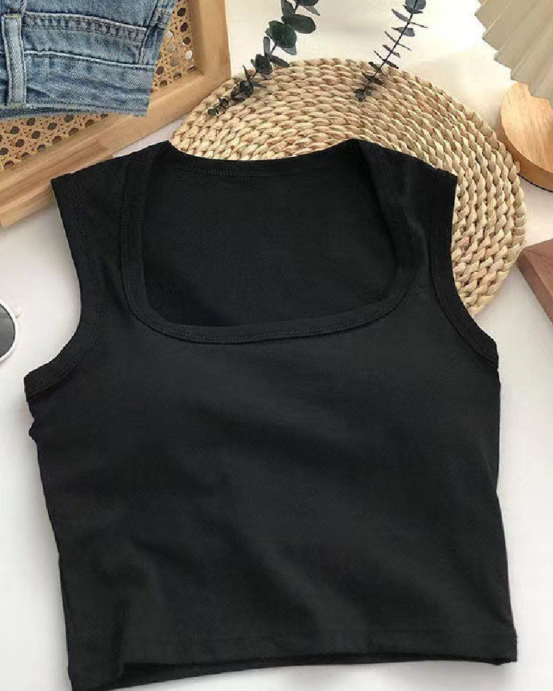 Damen Quadratischem Ausschnitt Ärmellos Lässig Basic Integrierter Gepolstert BH Tanktop