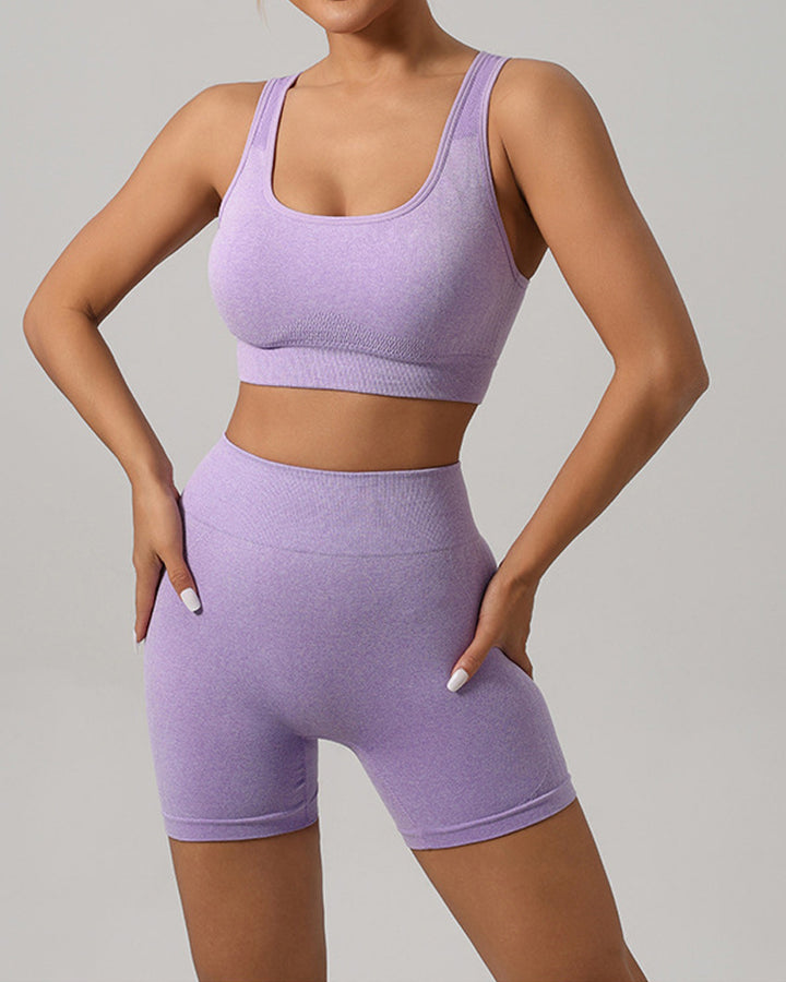 Frauen Nahtlose Fitness Outfit Set U-Ausschnitt Sport BH Po Lift Leggings Shorts Set