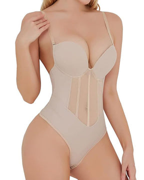 Sexy Mesh Shapewear Korsett Rückenfreier Tanga Bodysuit Mit Integriertem BH