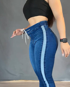 Damen-Jeans mit 9-Punkt-Kordelzug und Elastischem Bund Hochelastisch