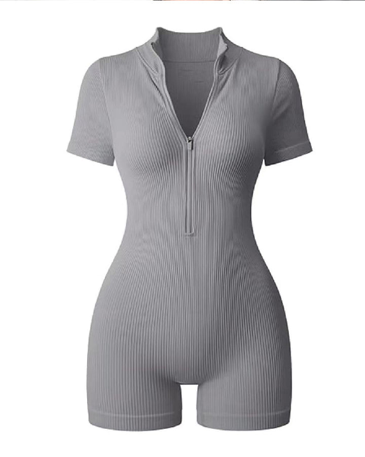 Damen Gerippter Kurzärmelig Reißverschluss Jumpsuit Stretch Bauchweg Workout Strampel