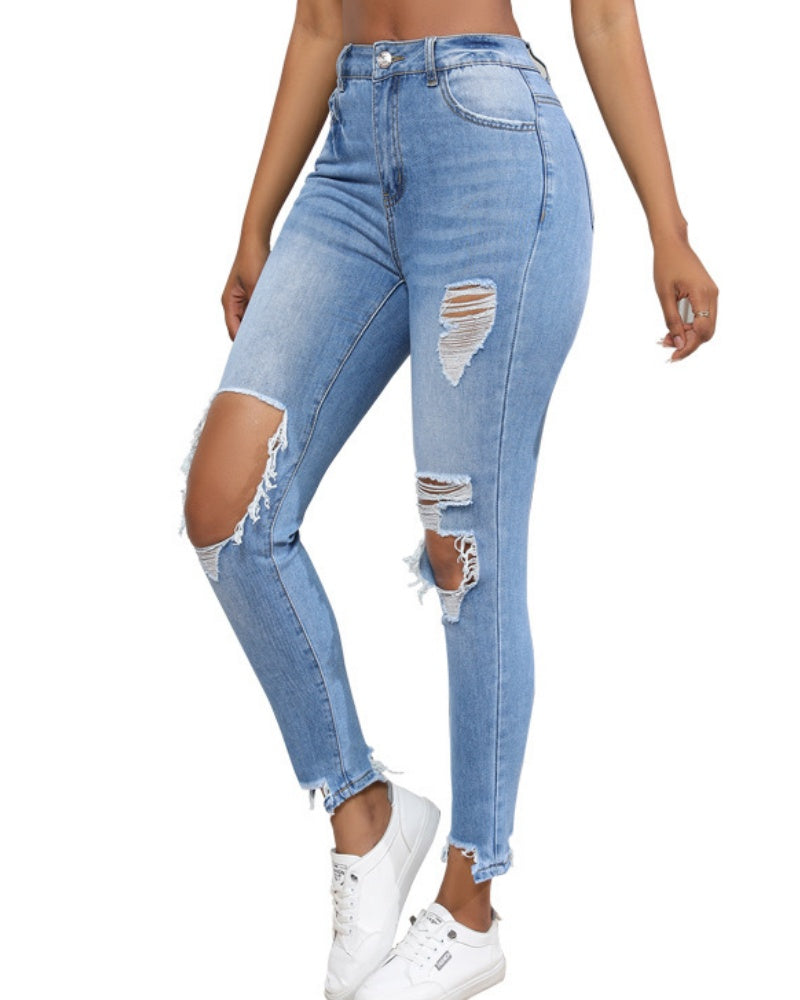 Verwaschene Zerrissene Schmale Hoch Taillierte Elastische Retro-Skinny-Jeans für Damen