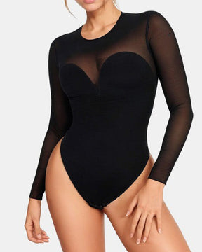 Damen Transparente Mesh Langen Ärmeln Tanga Shapewear Bodysuit Mit Eingebautem BH